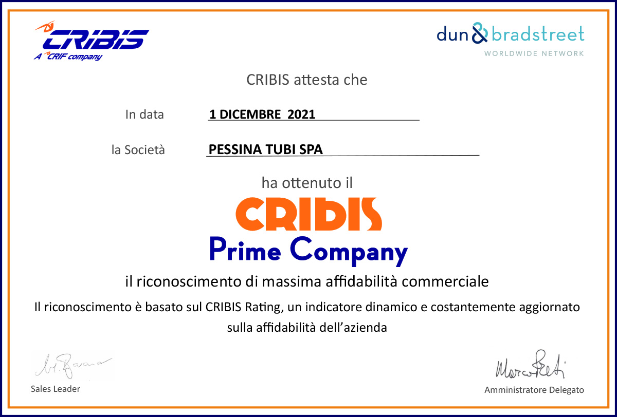 Riconoscimento di massima affidabilità commerciale di Cribis Company per Pessina Tubi.